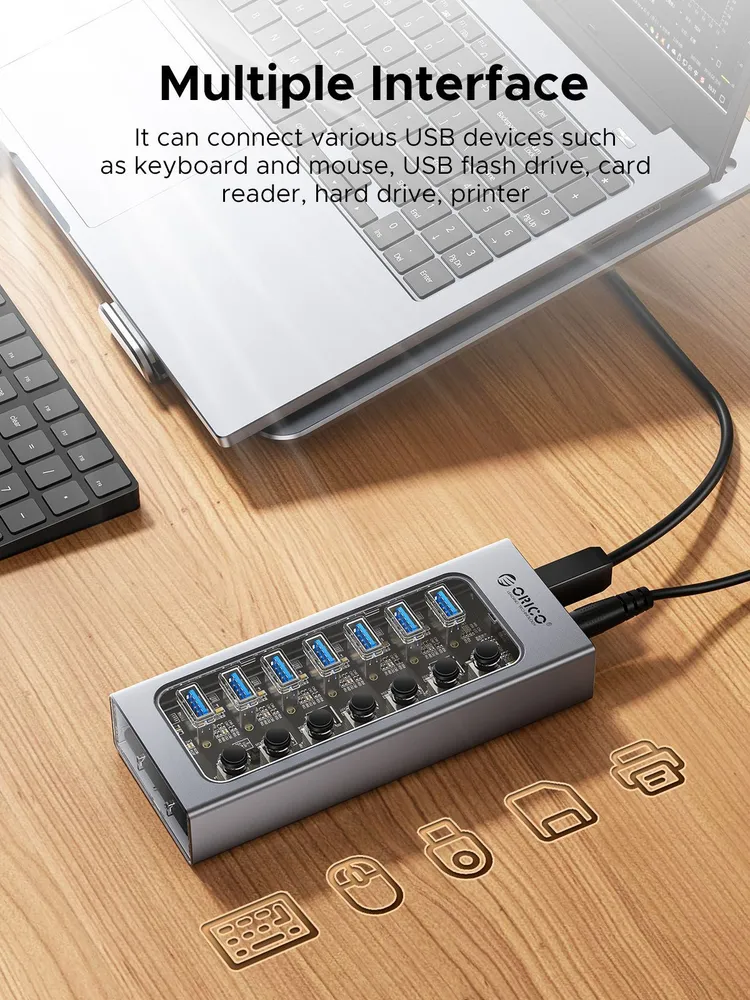 USB HUB 7 в 1 ORICO AT2U3 usb разветвитель док-станция, USB 3.0 Type-В hub, 7 USB-A, независимый переключатель, #3