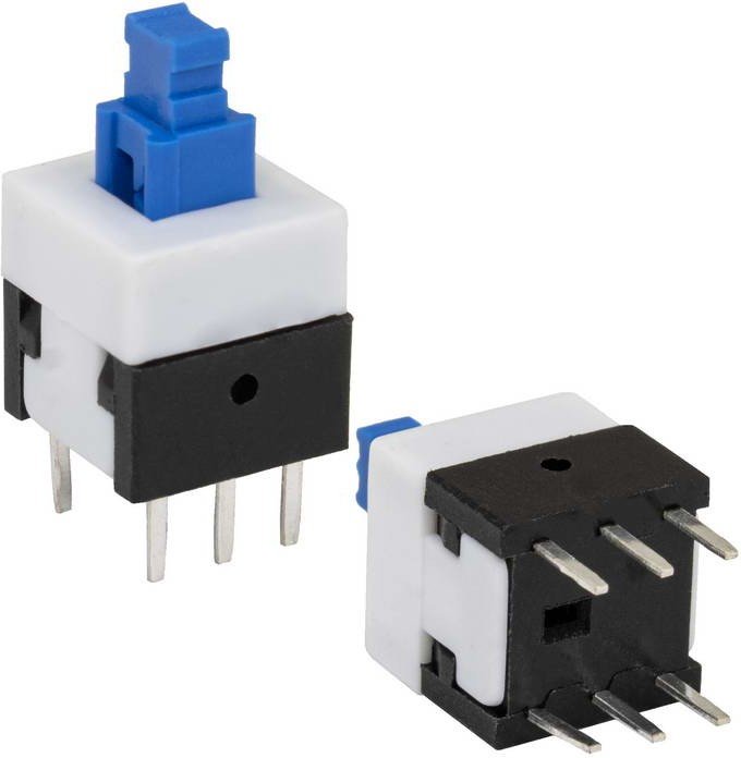 PB22E08 с фиксацией 8x8x13 mm, Миниатюрная кнопка с фиксацией PB22E08, DPDT, 8x8x13 мм, 0,1 А, 30 В, 70 мОм, монтаж на плату, RUICHI | купить в розницу и оптом